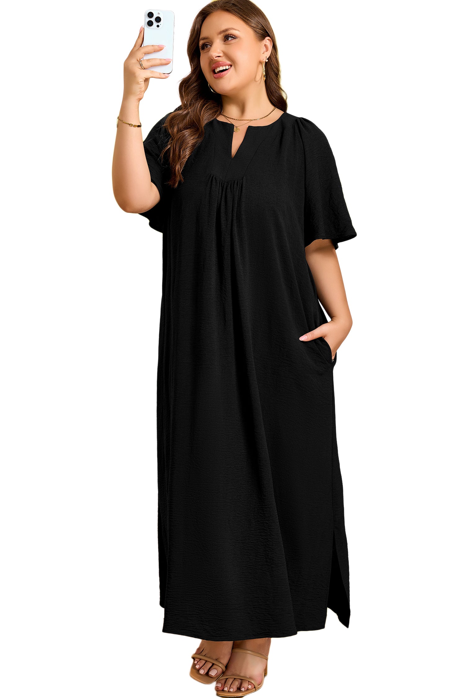 Plus Size Black Notched Neck Short Sleeve Dress