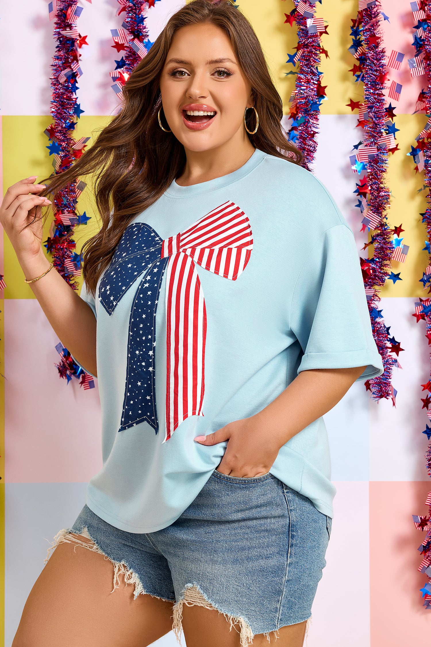 Plus Size Blue Patriotic Patchwork Bow Graphic Tee