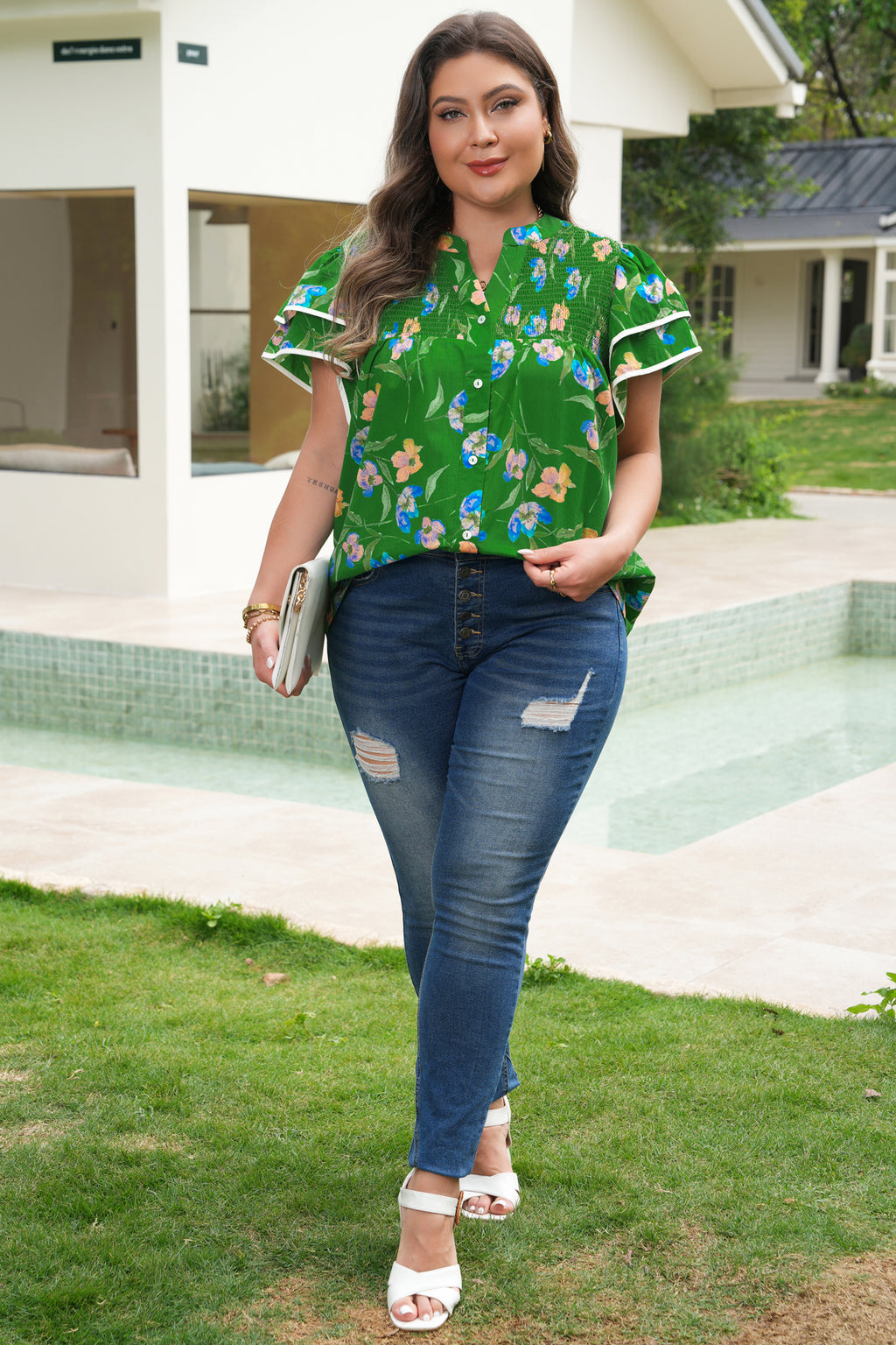 Plus Size Green Floral Short Sleeve Ruffled Top