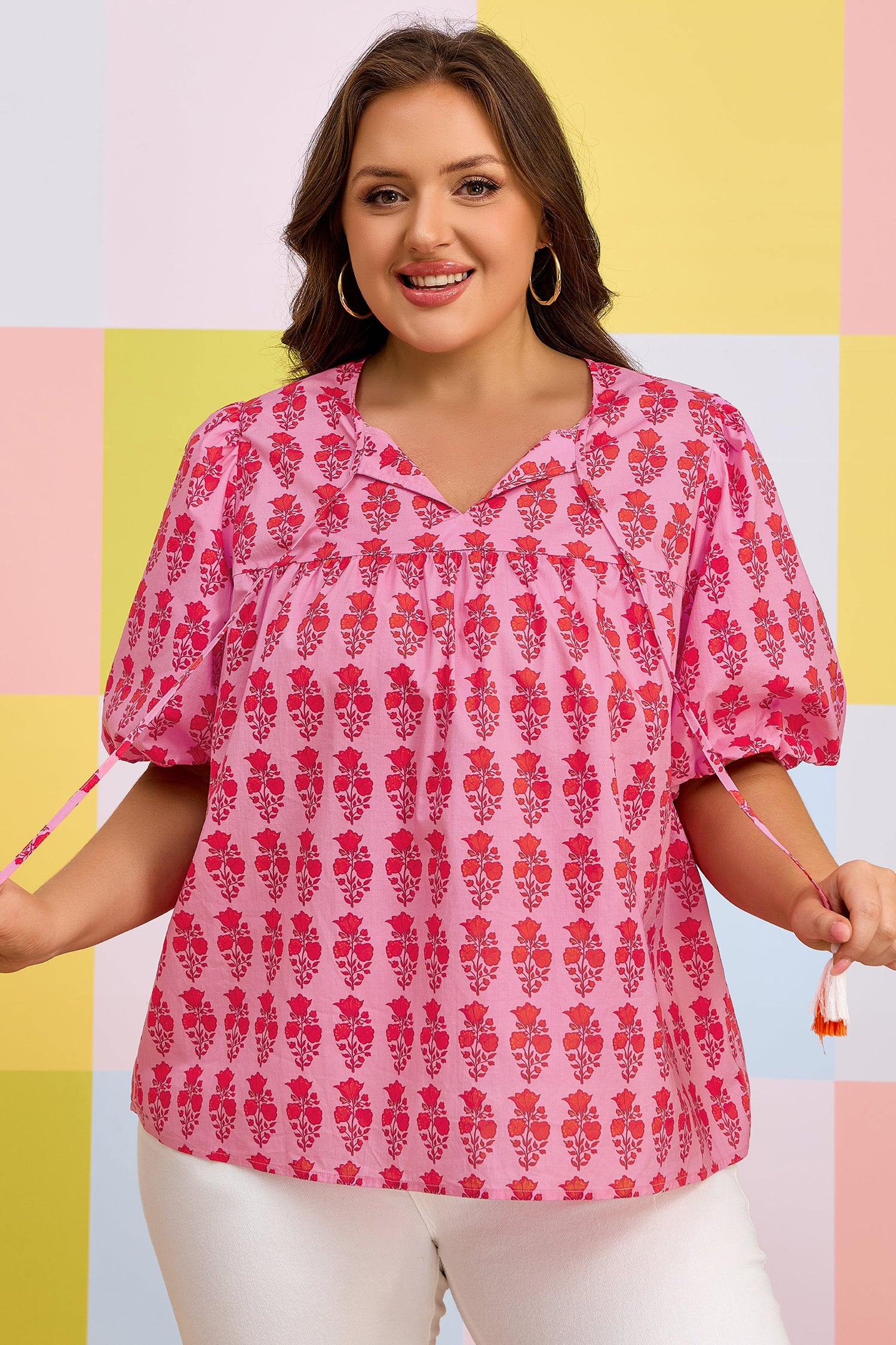 Plus size Pink Floral Print Cotton Blouse with Tassel Tie & Puff Sleeves