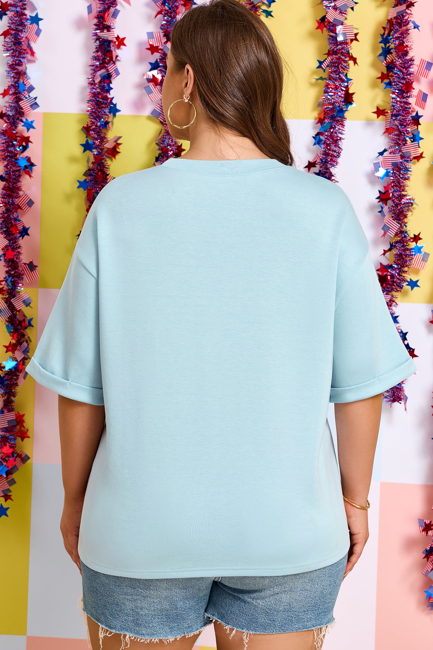 Plus Size Blue Patriotic Patchwork Bow Graphic Tee