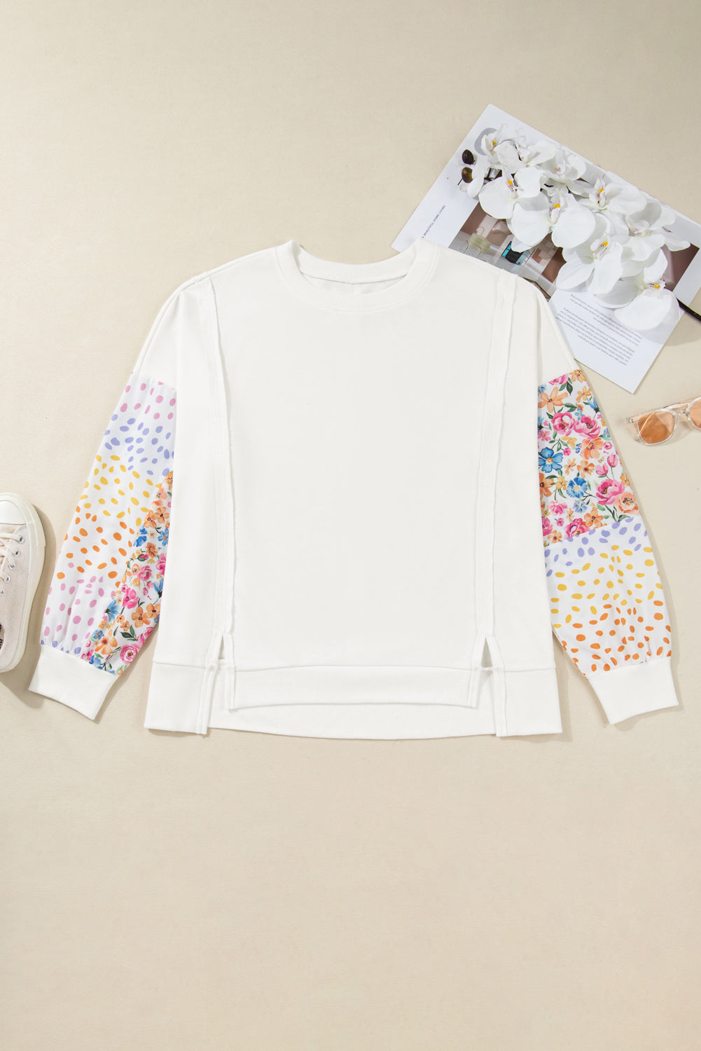 Plus Size White Exposed Seam Sweatshirt With Contrast Dot Floral Patchwork Sleeves