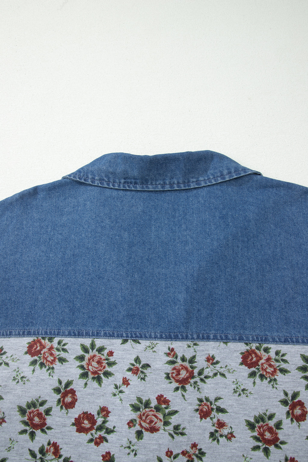 Plus size Gray Retro Floral Print & Denim Patchwork Polo Tee