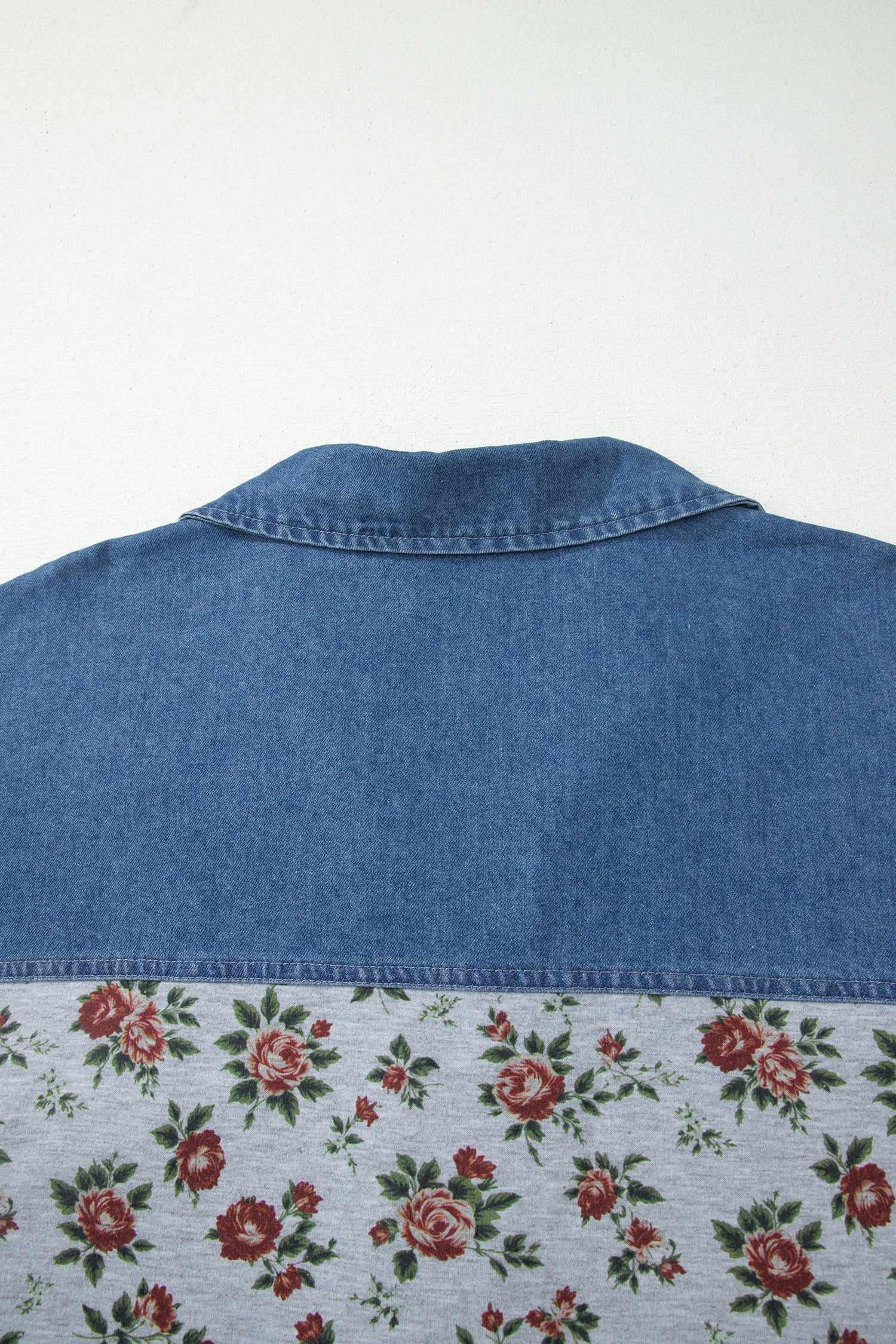 Plus size Gray Retro Floral Print & Denim Patchwork Polo Tee