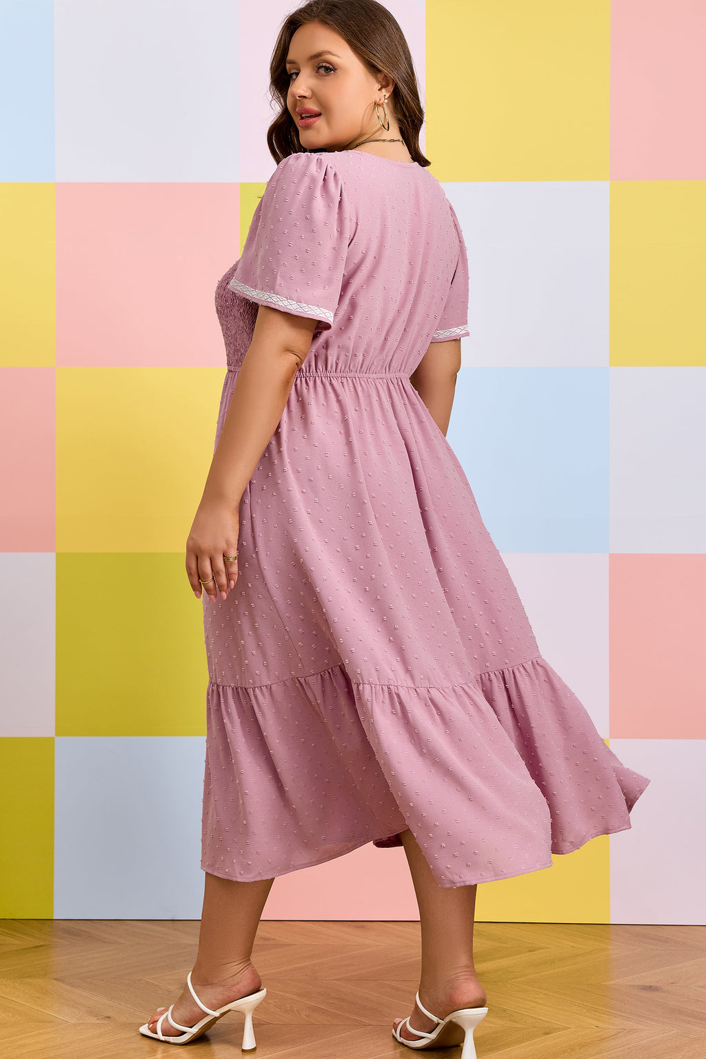 Plus Size Pink Swiss Dot Flowy Midi Dress With Short Sleeves & Smocked High Waist