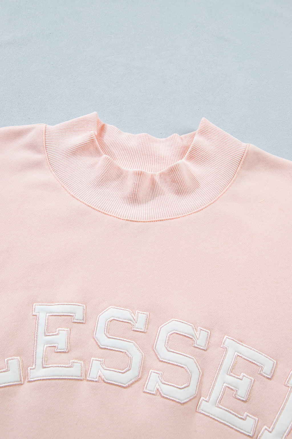 Plus Size Light Pink Mock Neck Sweatshirt With Embroidered BLESSED Graphic