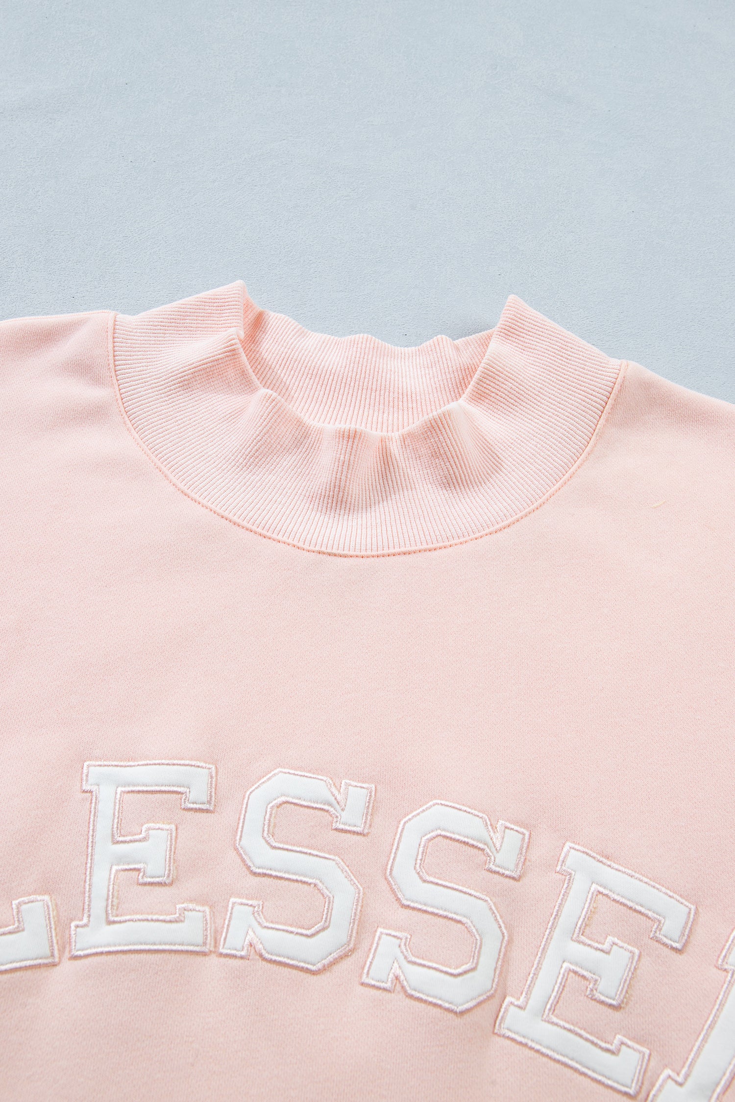Plus Size Light Pink Mock Neck Sweatshirt With Embroidered BLESSED Graphic
