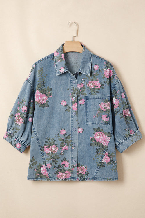 Blue Bracelet Sleeve Denim Floral Print Shirt