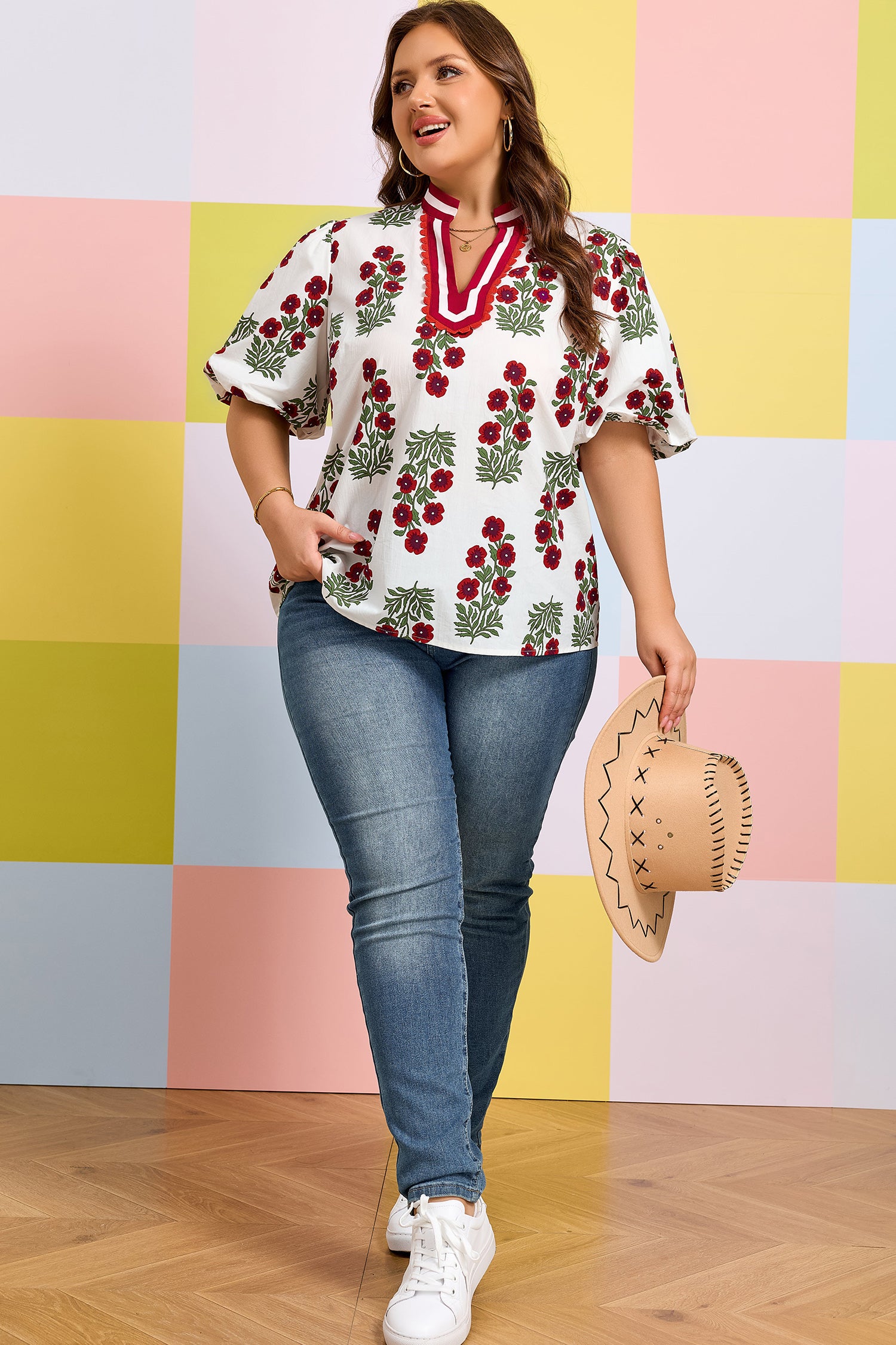 Plus Size White Short Sleeve Cotton Blouse With Floral Print Ricrac Striped Trim