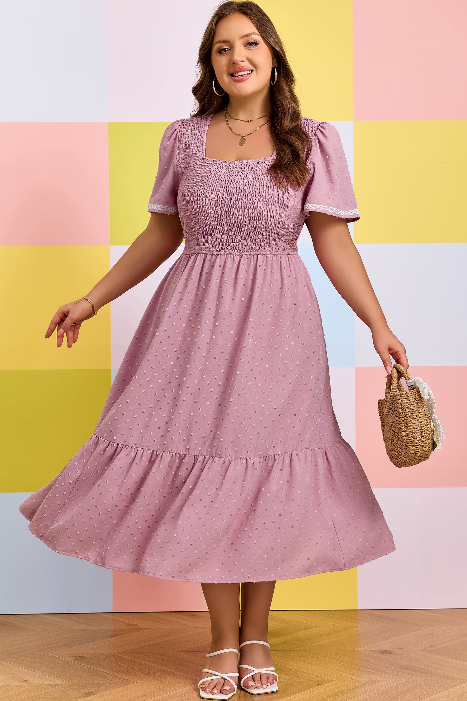 Plus Size Pink Swiss Dot Flowy Midi Dress With Short Sleeves & Smocked High Waist