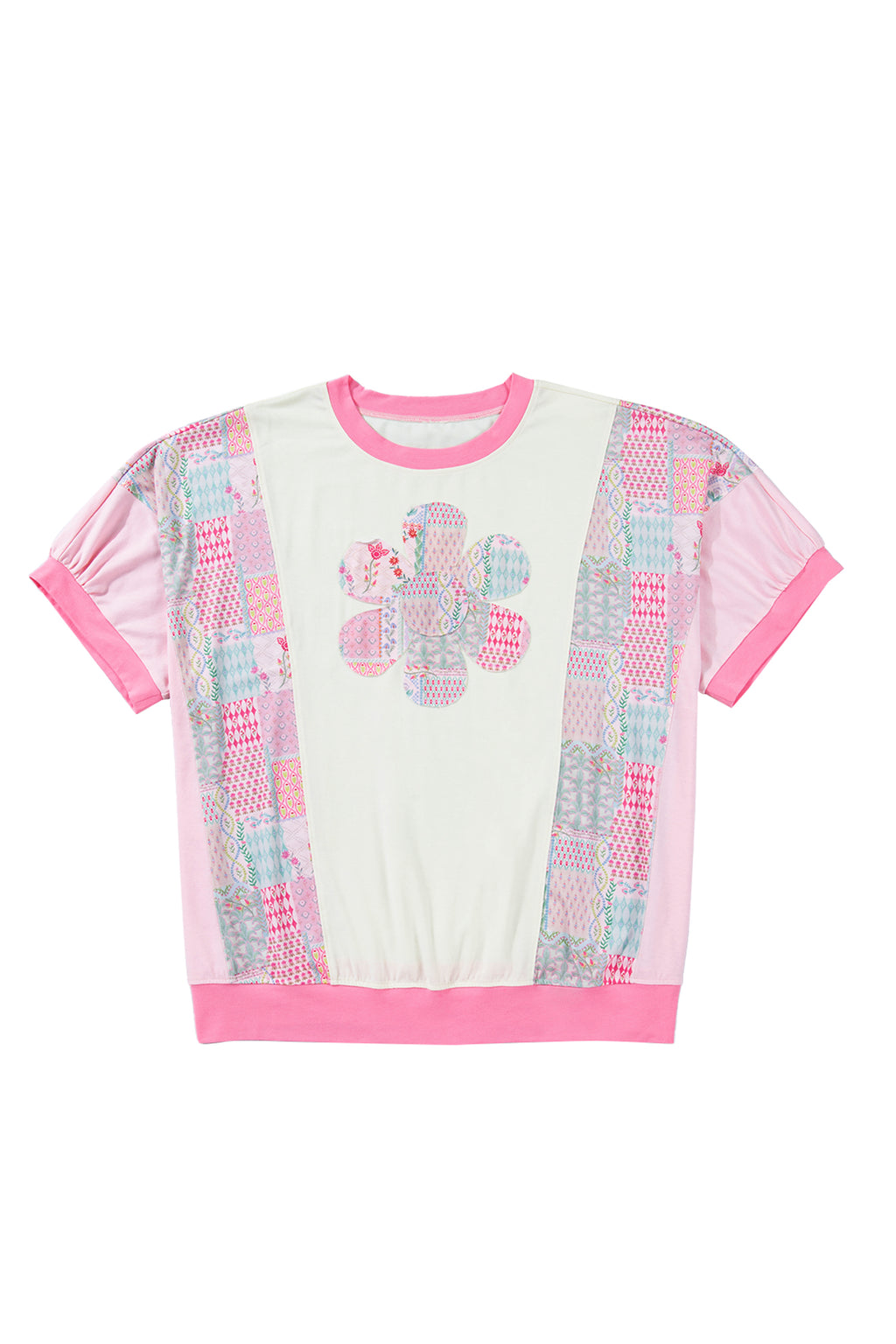 Plus Size Beige Short Sleeve Floral Patchwork Tee