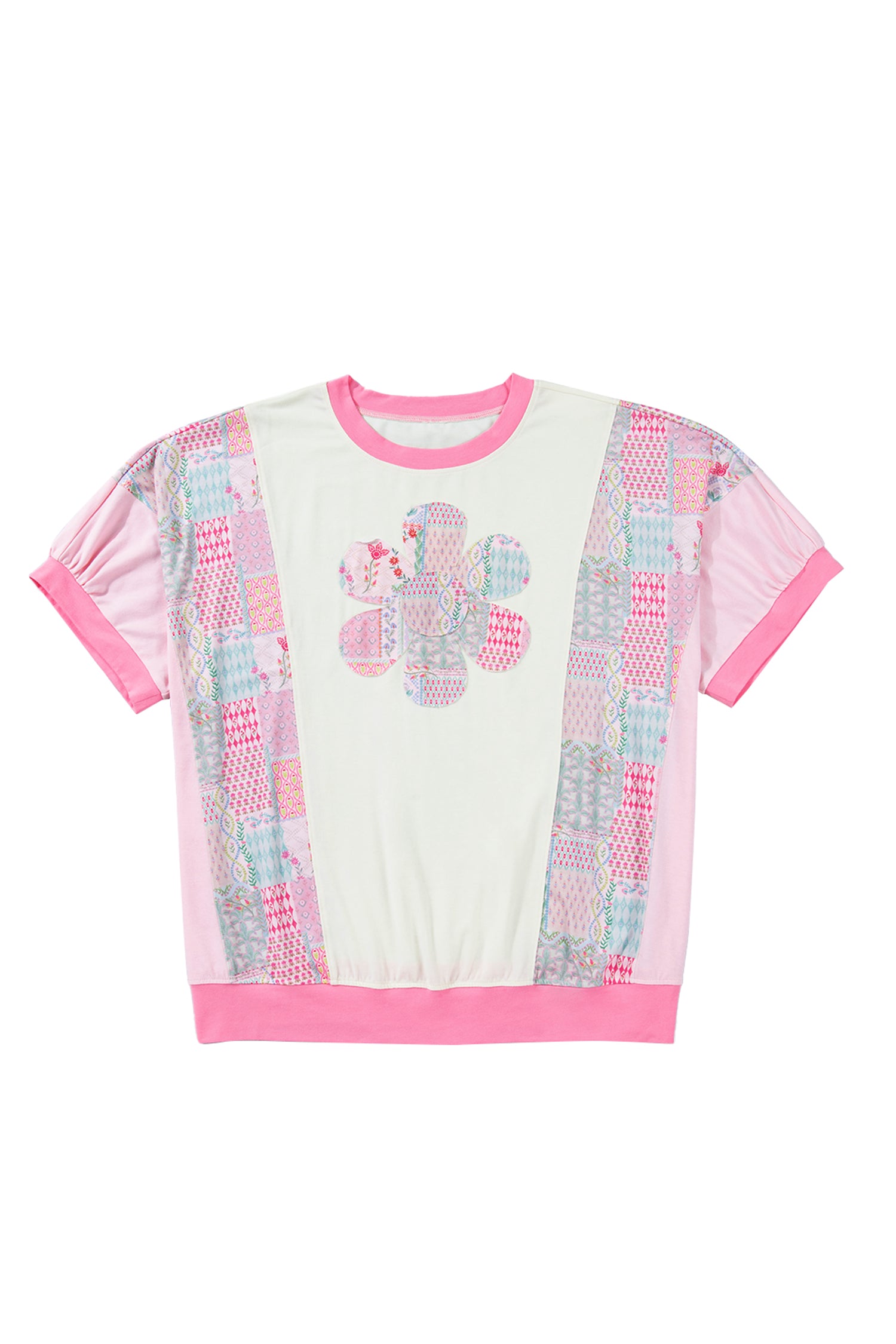 Plus Size Beige Short Sleeve Floral Patchwork Tee