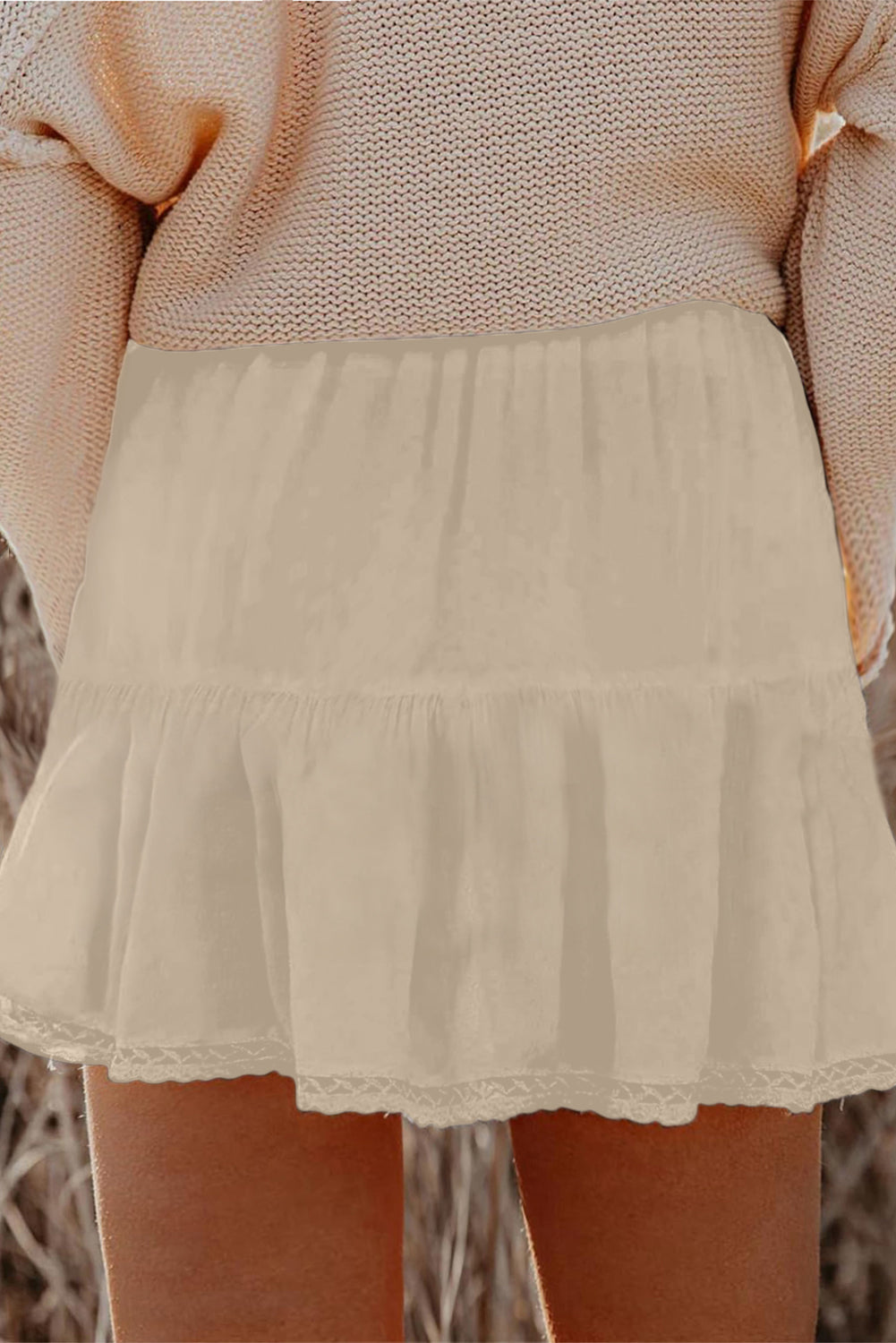 Plus Size Parchment Plus Frilled Elastic Waist Lace Trim Ruffled Shorts