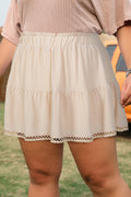 Plus Size Parchment Plus Frilled Elastic Waist Lace Trim Ruffled Shorts