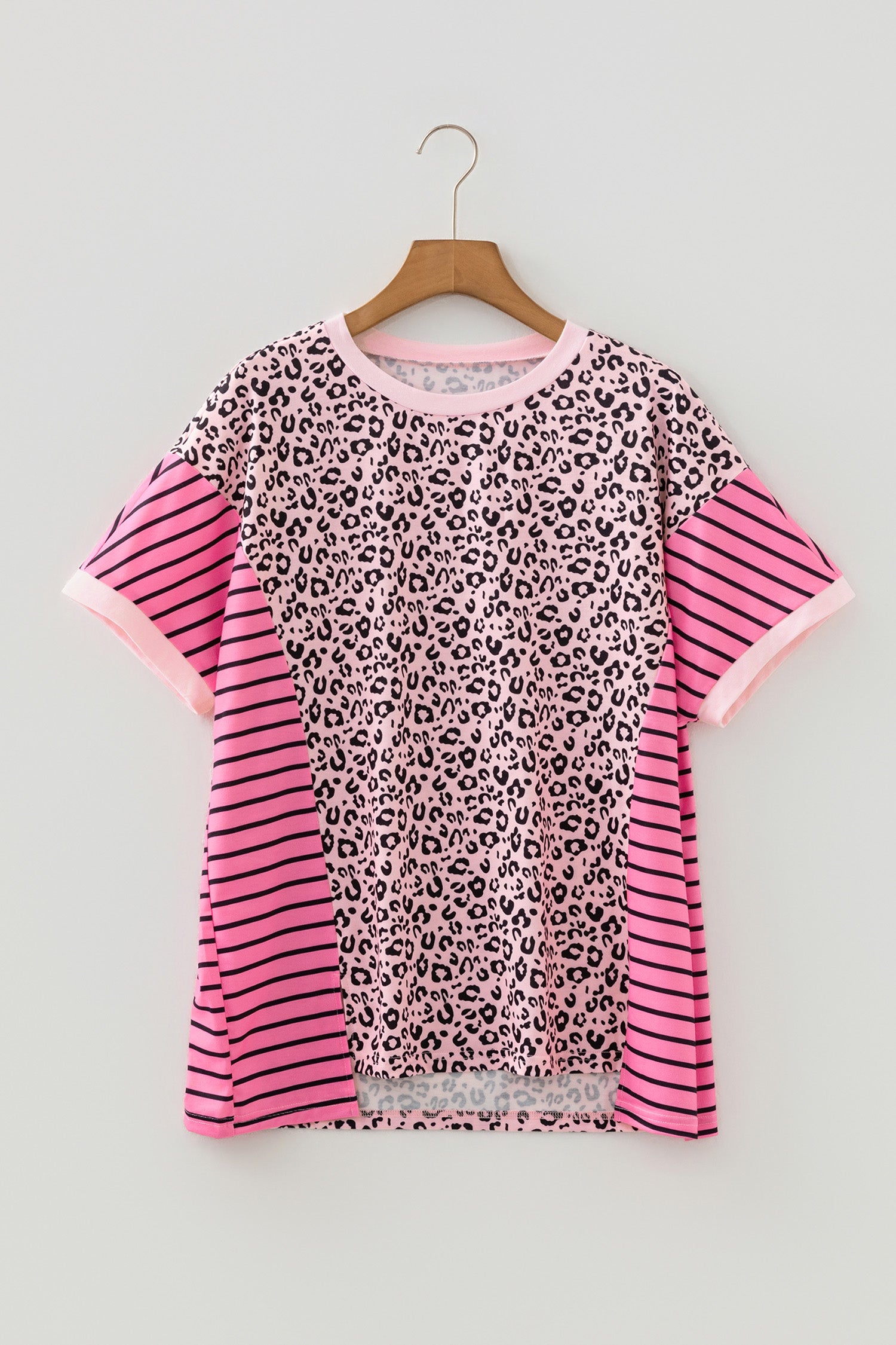 Plus Size Pink Leopard Print & Striped Contrast Patchwork Tee