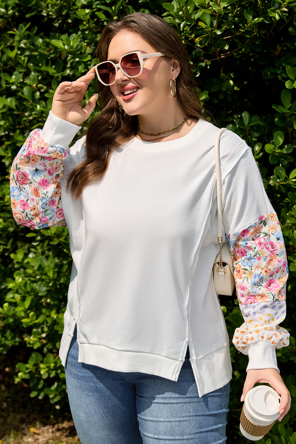 Plus Size White Exposed Seam Sweatshirt With Contrast Dot Floral Patchwork Sleeves