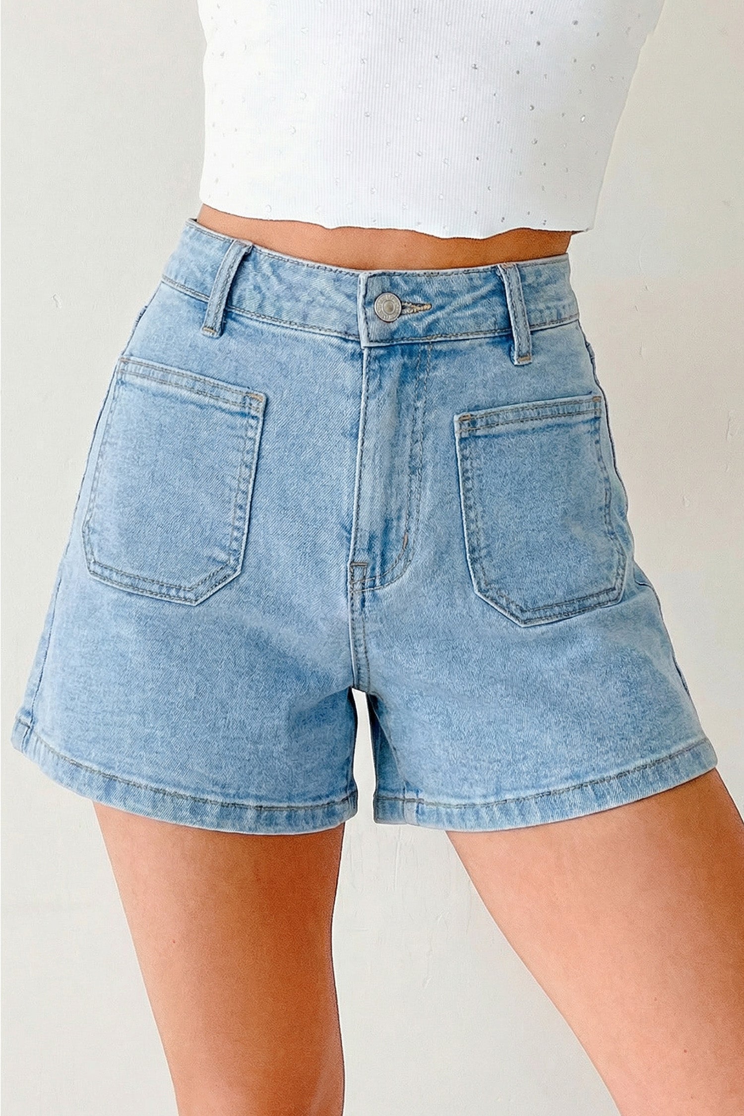 High Rise Patch Pocket Denim Shorts