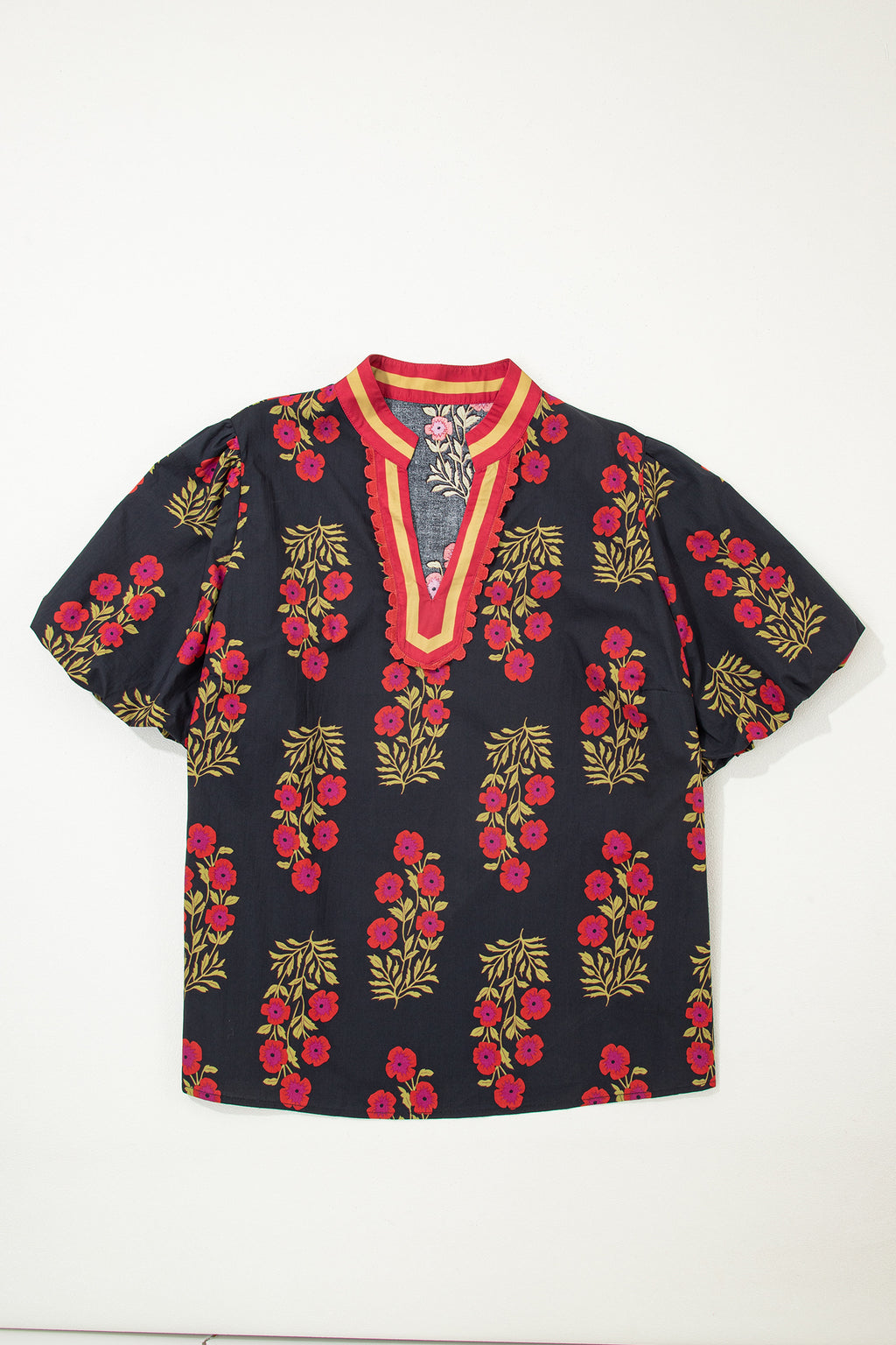Plus Size Black Short Sleeve Cotton Blouse With Floral Print Ricrac Striped Trim
