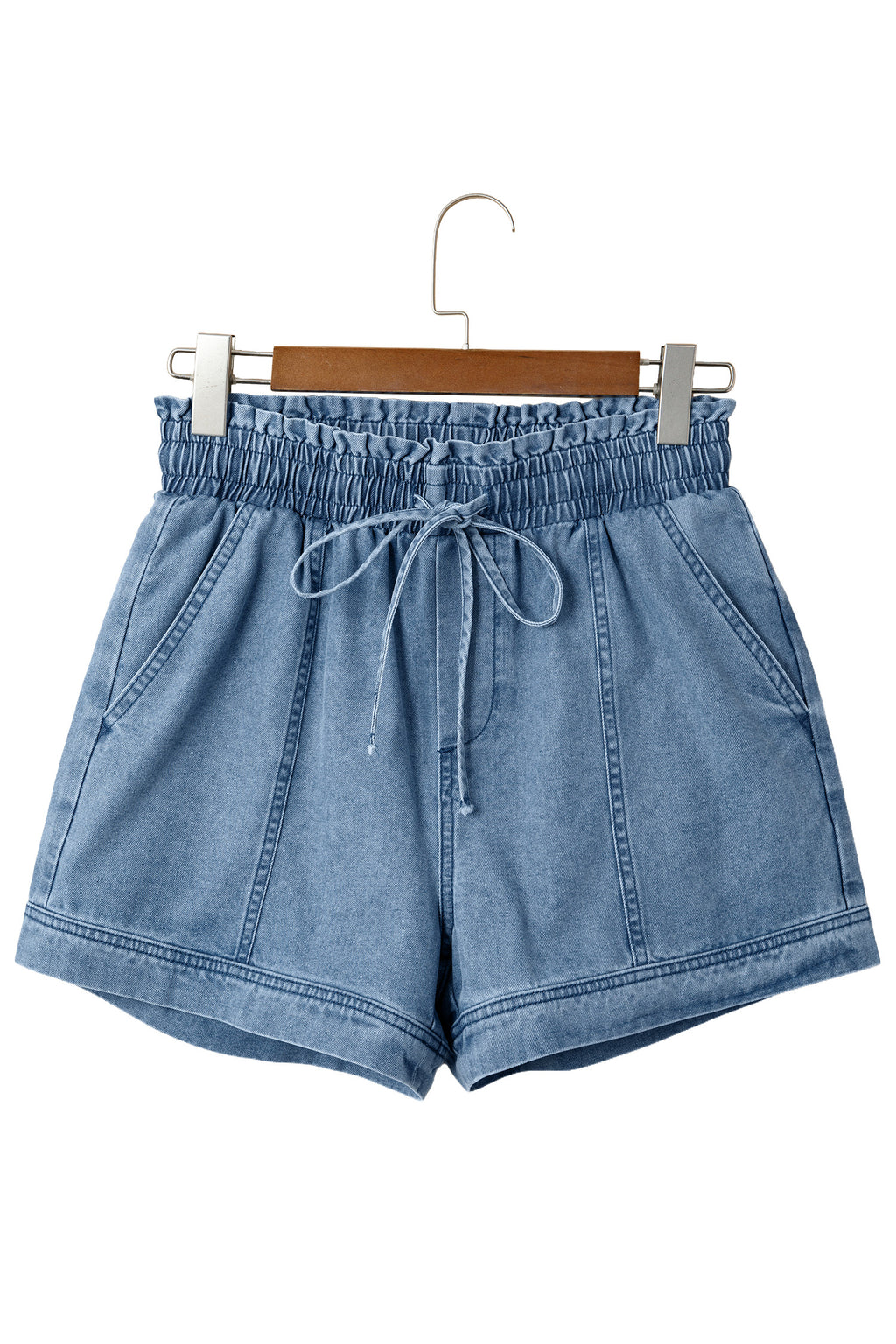 Dusk Blue Smocked Denim Shorts With Elastic Waist