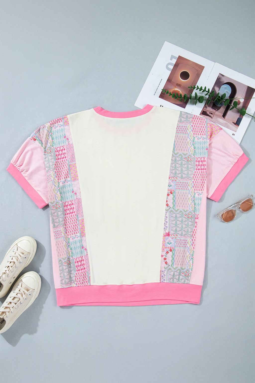 Plus Size Beige Short Sleeve Floral Patchwork Tee