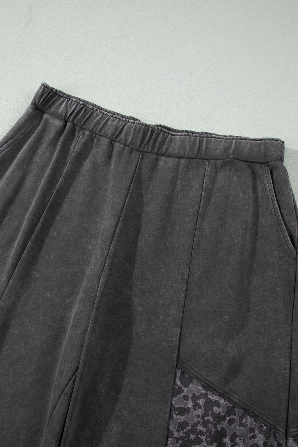 Plus Size Dark Grey Leopard Patchwork Wide Leg Mineral Wash Pants