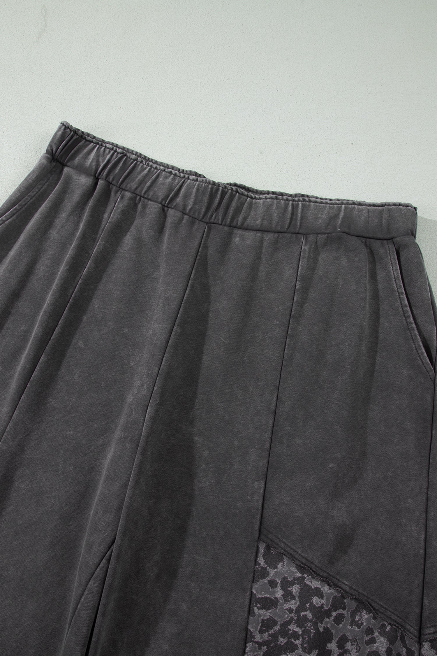 Plus Size Dark Grey Leopard Patchwork Wide Leg Mineral Wash Pants