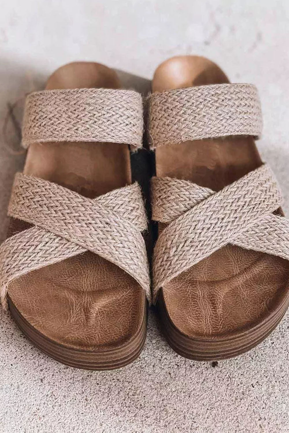 Beige Woven Criss Cross Hollowed Slip-On Slippers