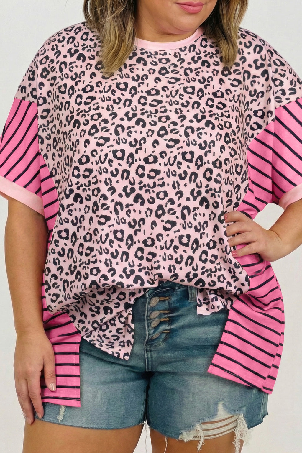 Plus Size Pink Leopard Print & Striped Contrast Patchwork Tee