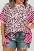 Plus Size Pink Leopard Print & Striped Contrast Patchwork Tee
