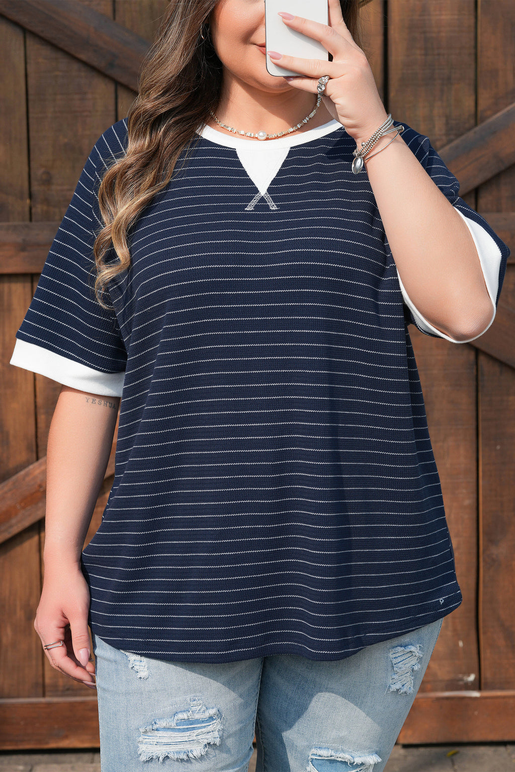 Plus Size Blue Stripe With Contrast Trim Ribbed T Shirt