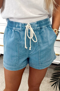 Beau Blue Elastic Waistband Denim Shorts With Drawstring