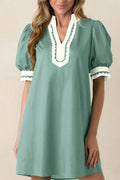 Canton Mini Dress With Scallop Color Block Trim & Puff Sleeves