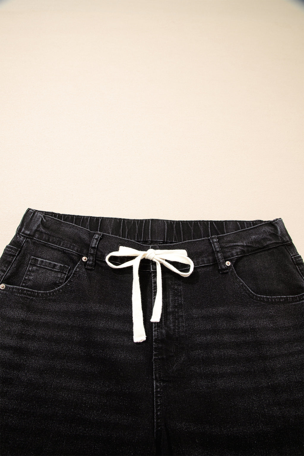 Plus Size Black Acid Wash Jeans With Drawstring