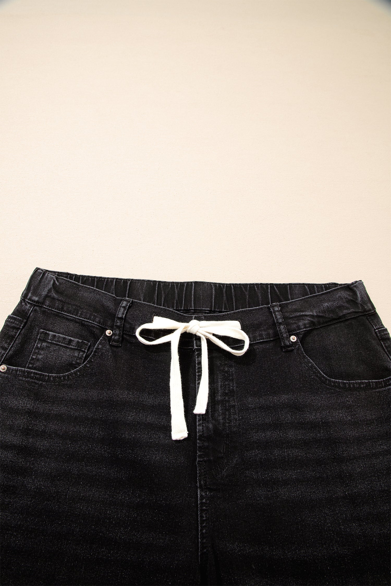 Plus Size Black Acid Wash Jeans With Drawstring