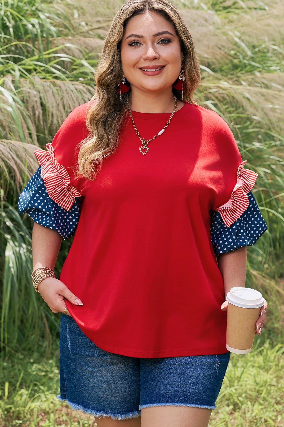 Plus Size Fiery Red Striped Ruffles Star Short Bubble Sleeve Patchwork Top