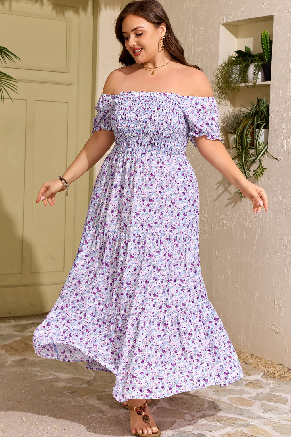 Plus Size Purple Floral Print Smocked Maxi Dress With Square Neck