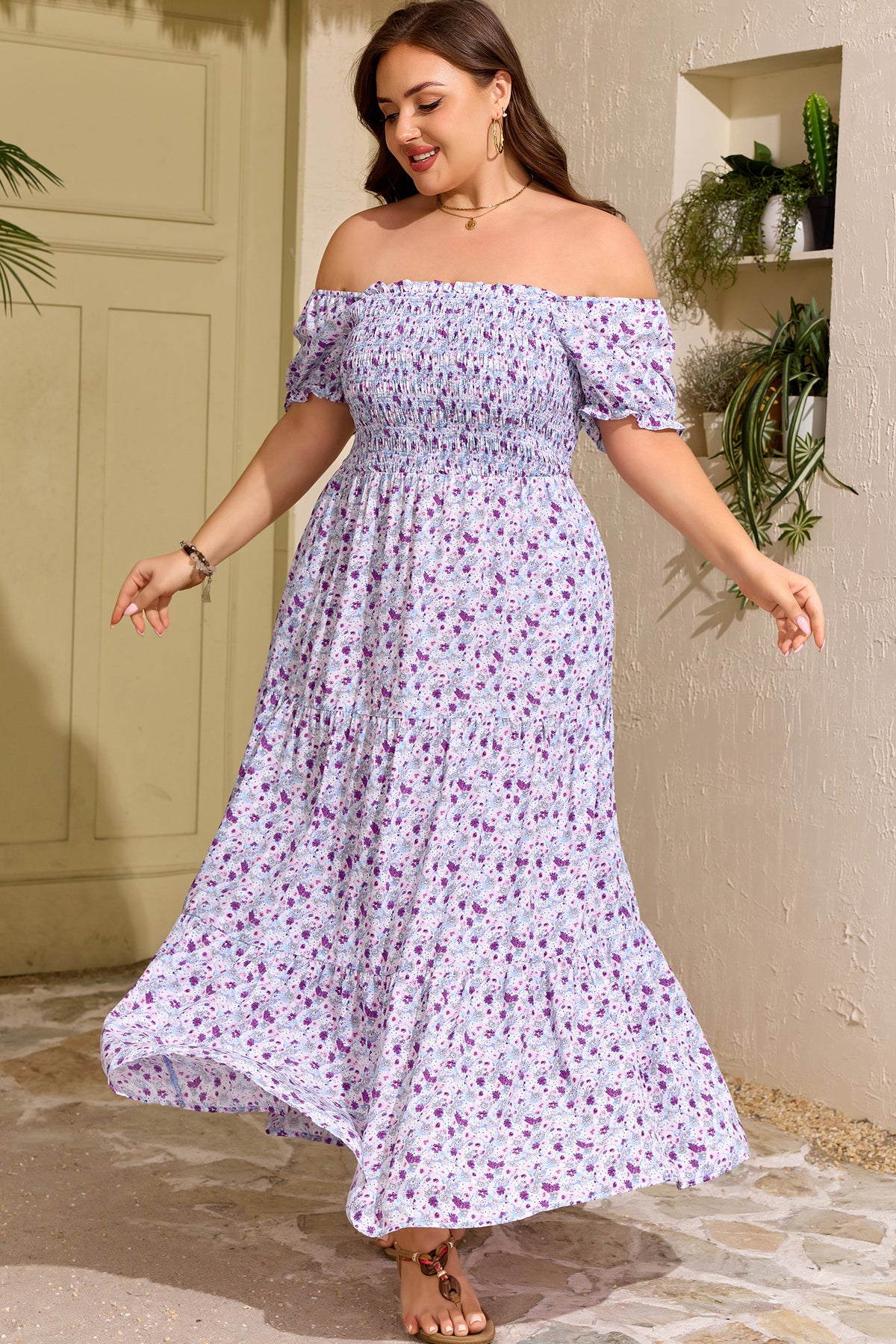 Plus Size Purple Floral Print Smocked Maxi Dress With Square Neck