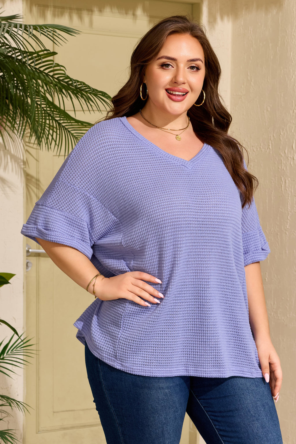 Plus Size Wisteria V-Neck Short Sleeve Waffle Knit Top