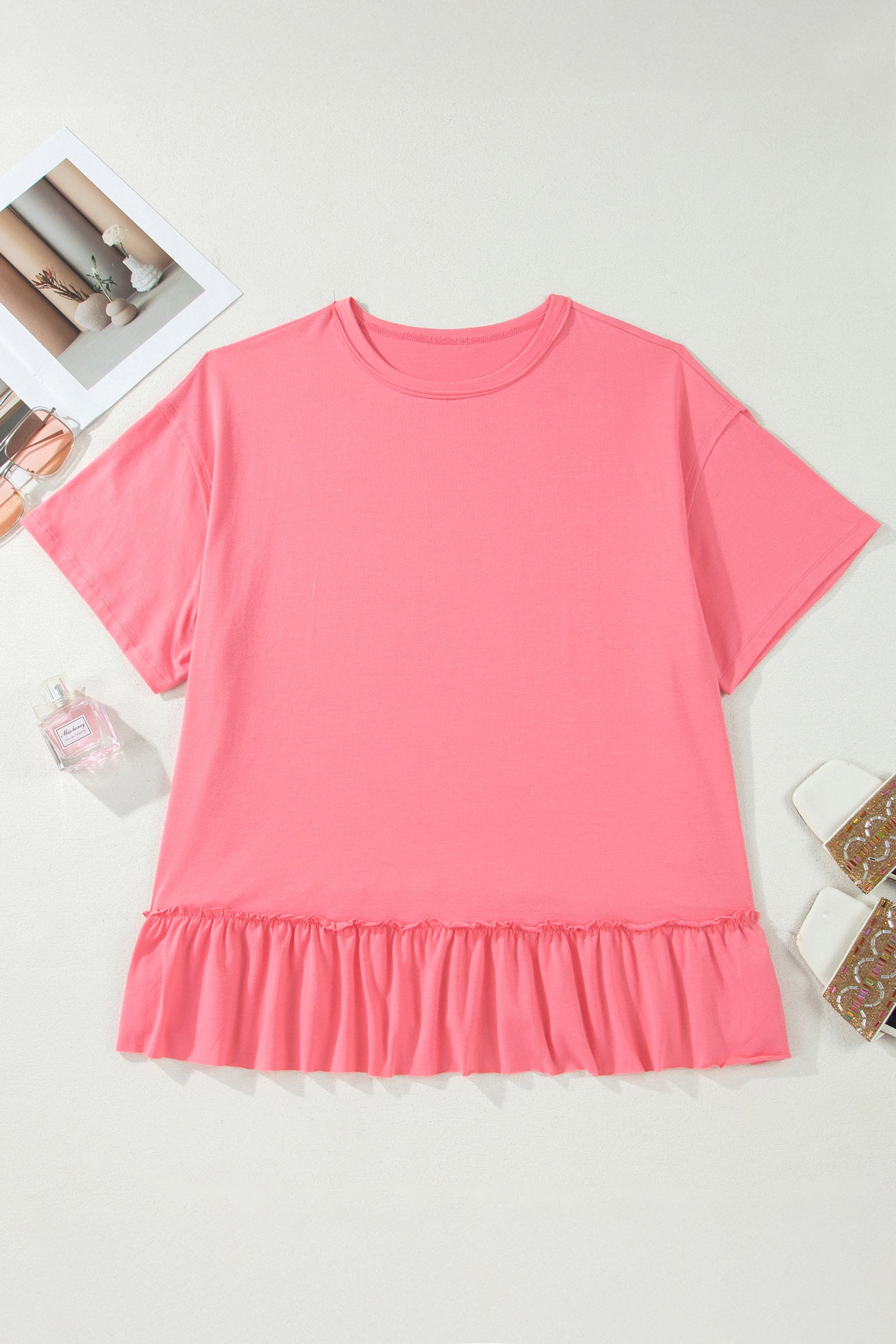 Plus Size Peach Blossom Tee With Raw Seam Detail & Ruffle Hem