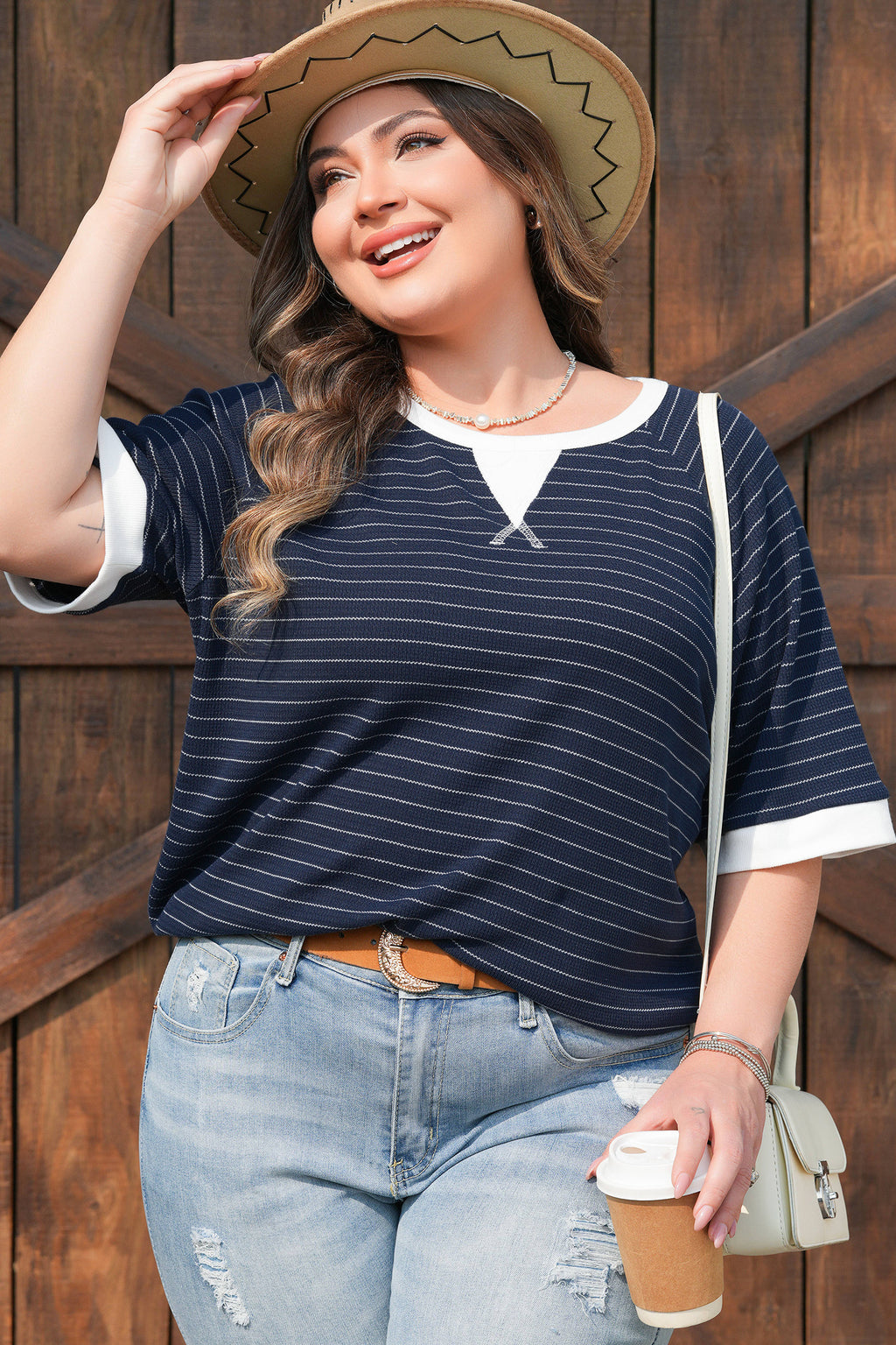 Plus Size Blue Stripe With Contrast Trim Ribbed T Shirt