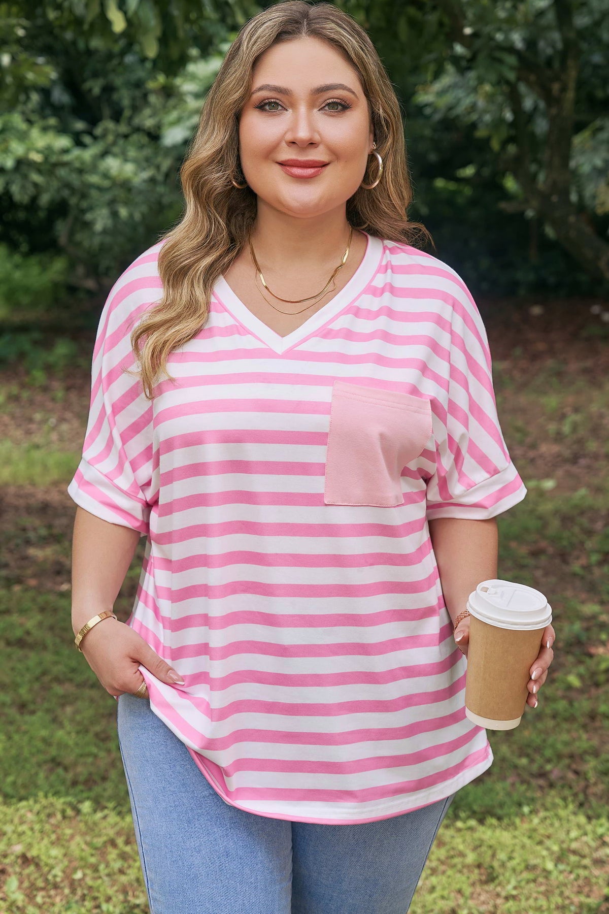 Plus Size Pink Stripe Colorblock Patched Pocket V Neck Tee