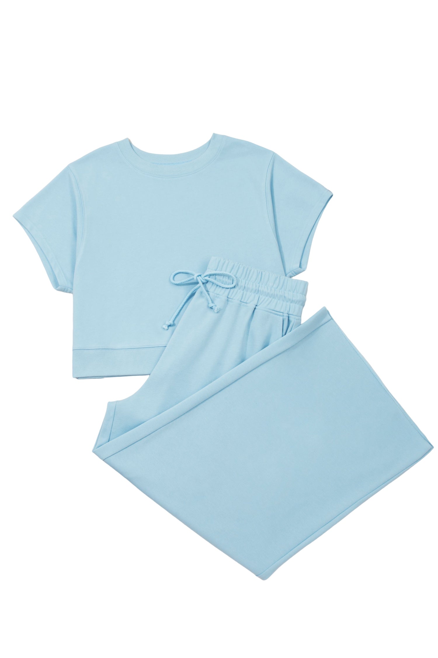 Plus Size Mist Blue Ribbed Trim Short Sleeve Top & Drawstring Pants 2pcs Outfit