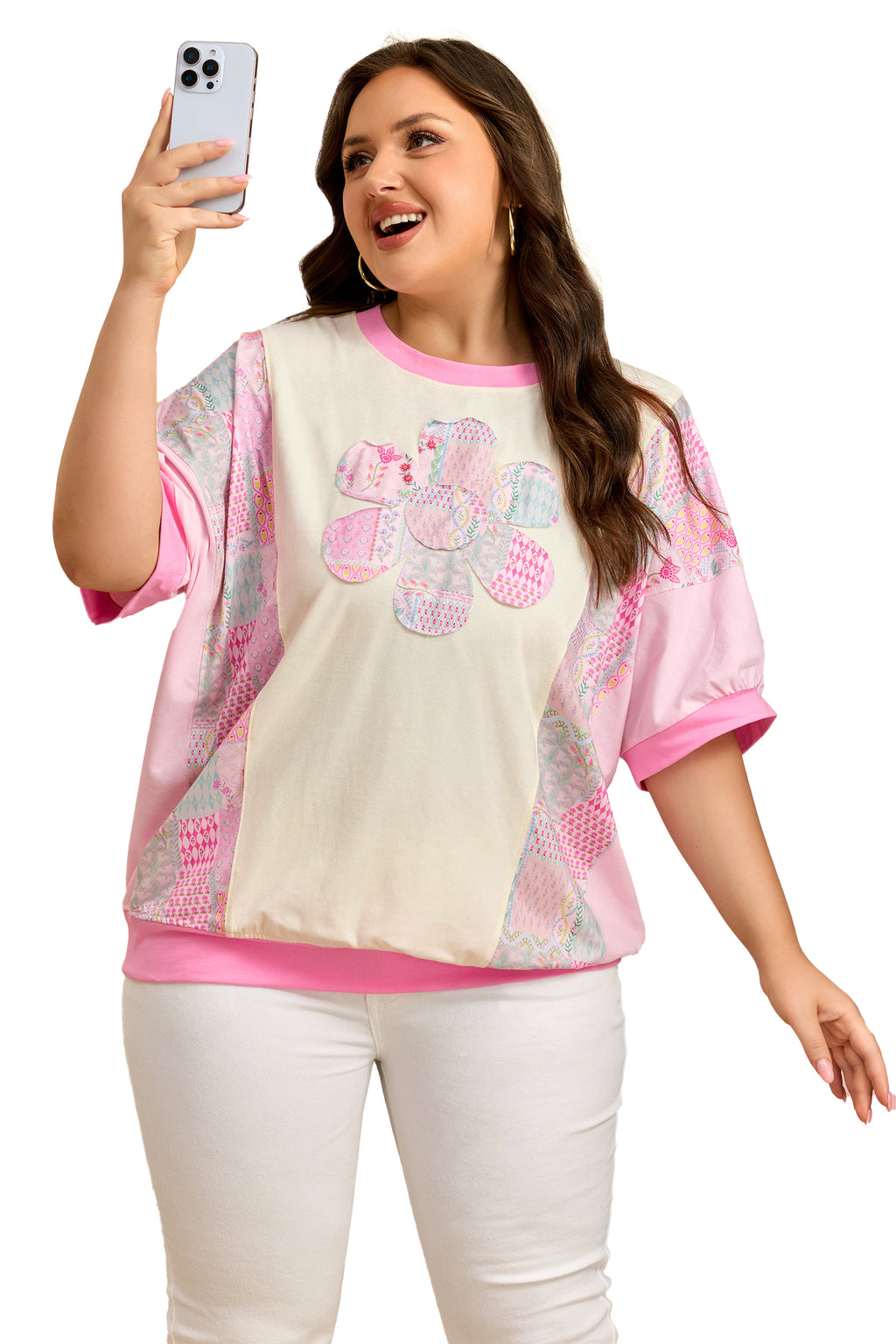 Plus Size Beige Short Sleeve Floral Patchwork Tee