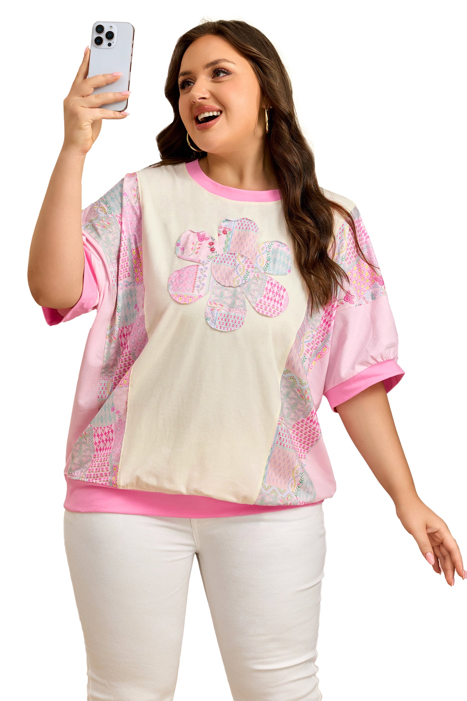 Plus Size Beige Short Sleeve Floral Patchwork Tee
