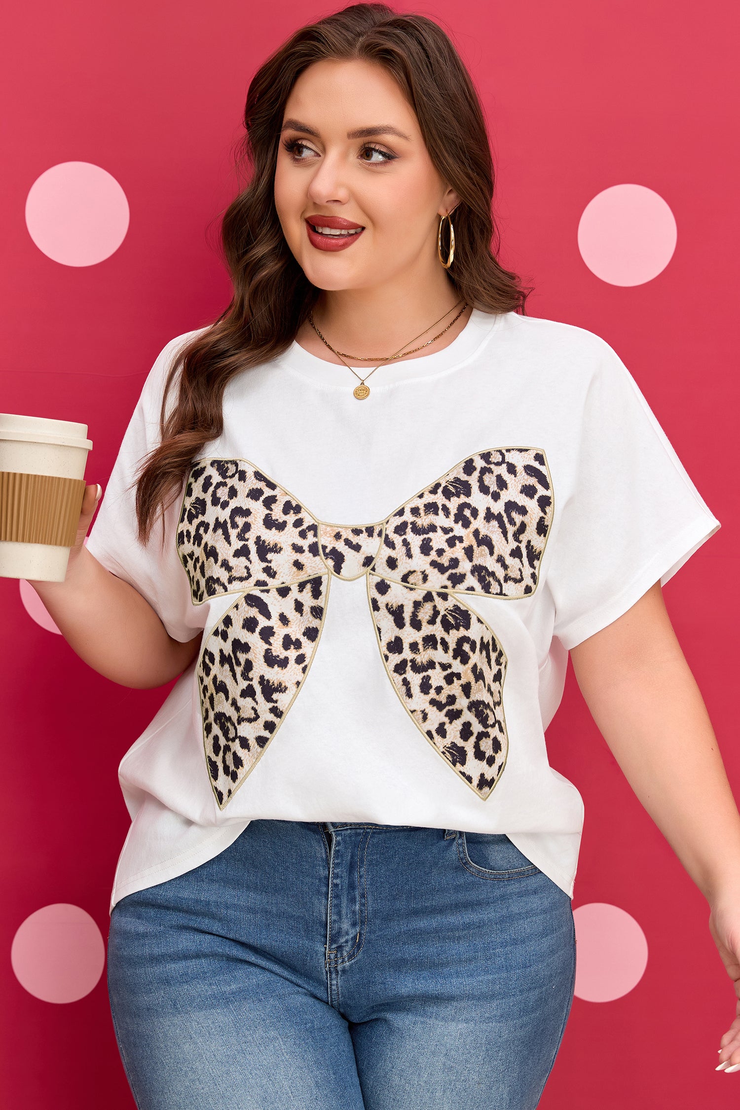 Plus Size White With Embroidered Patch Leopard Bow Tee