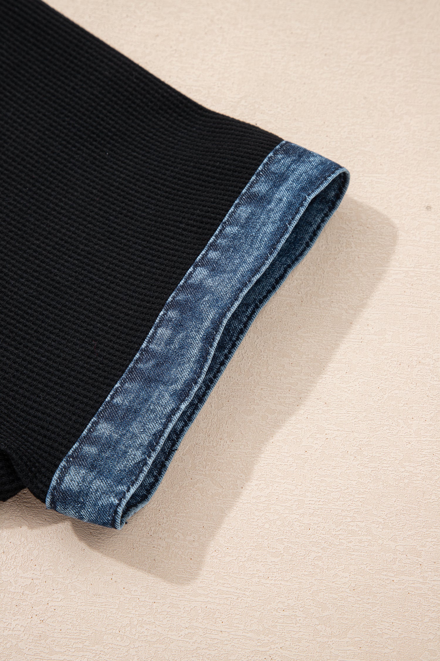 Plus Size Black & Denim Patchwork Button Polo Tee