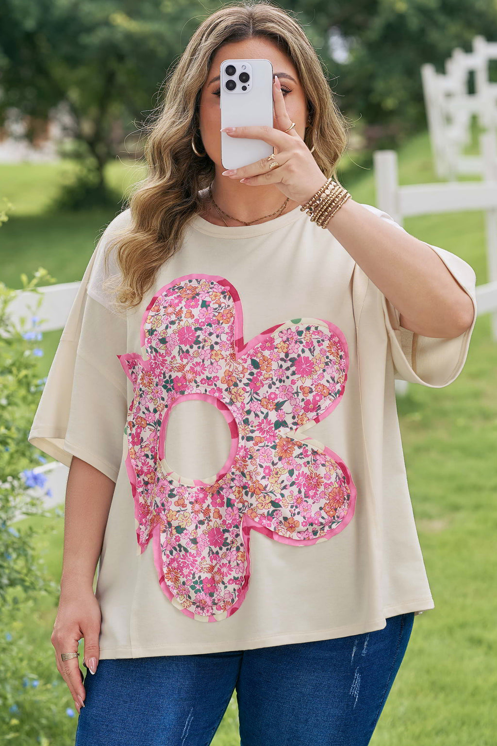 Plus Size Big Flower Patched Tunic Tee