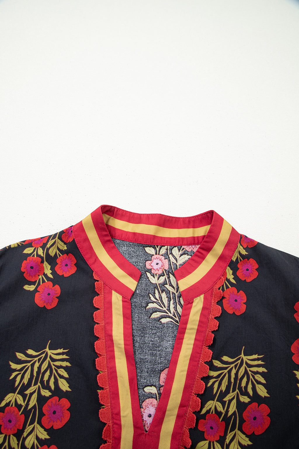 Plus Size Black Short Sleeve Cotton Blouse With Floral Print Ricrac Striped Trim