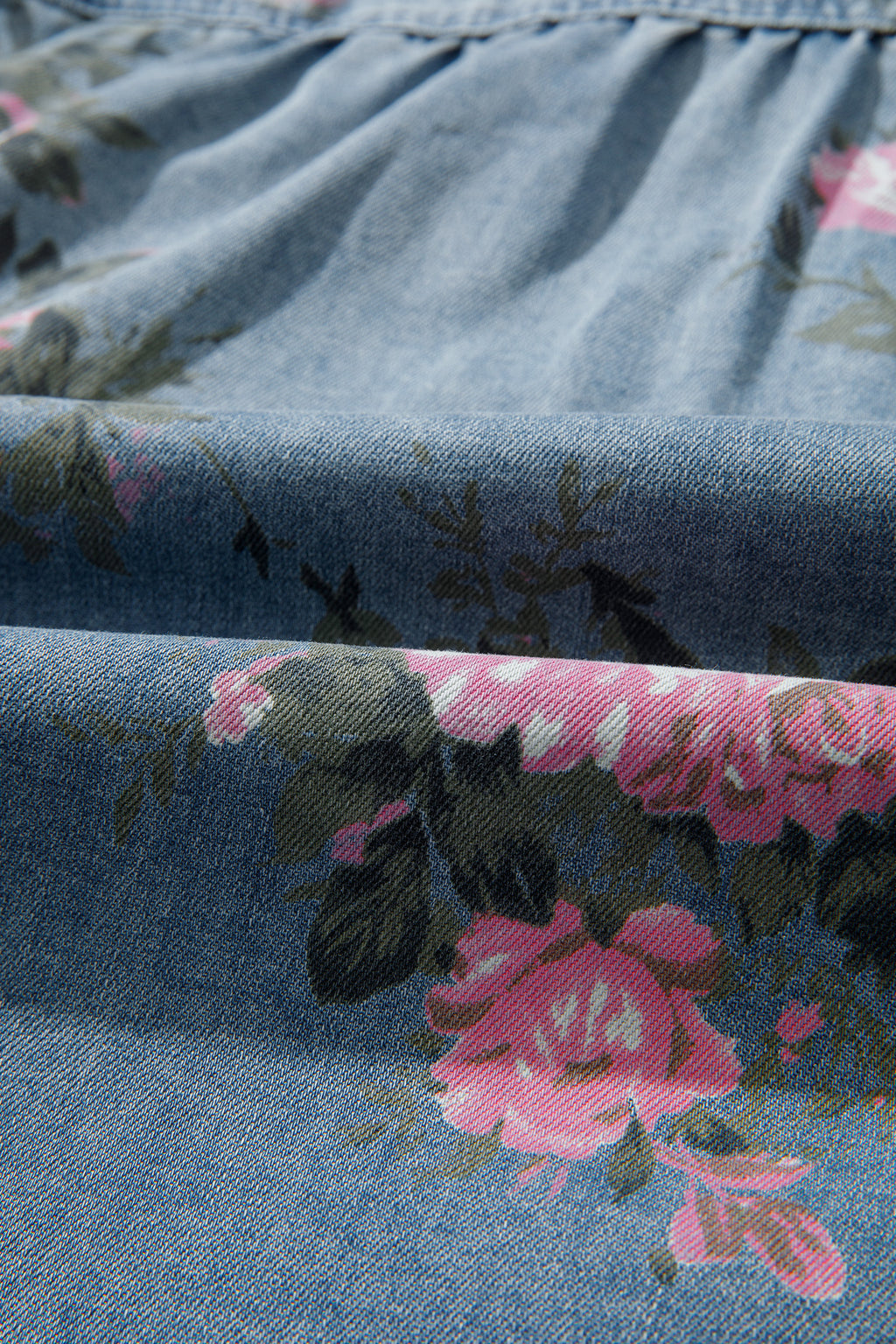 Blue Bracelet Sleeve Denim Floral Print Shirt