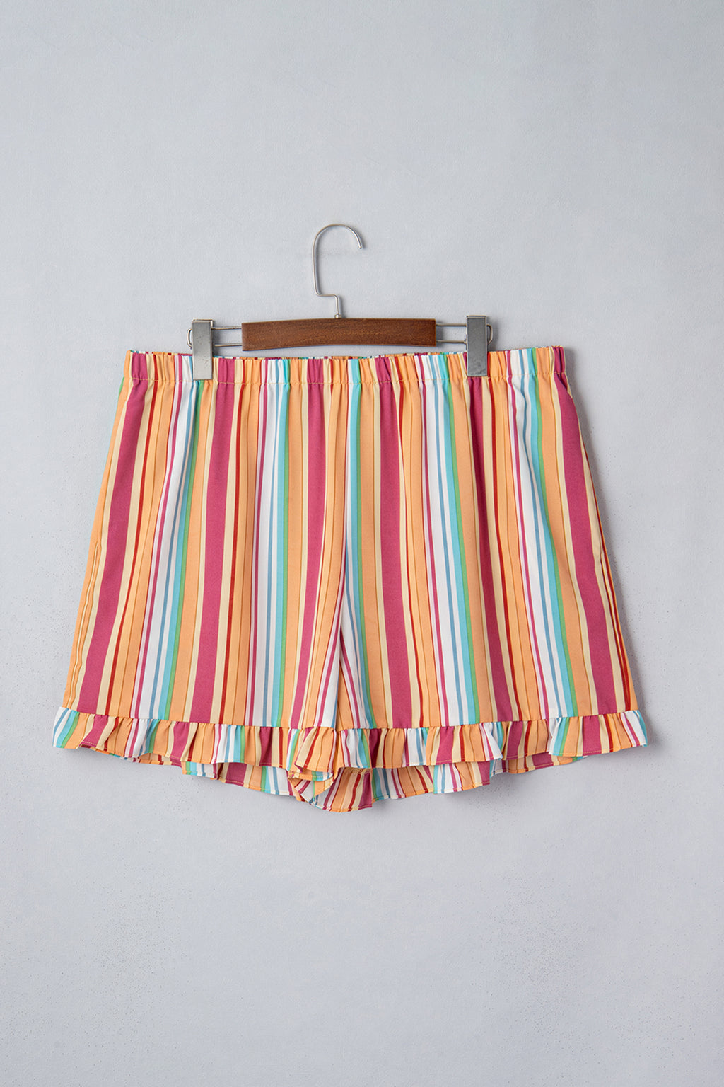 Plus Size Orange Stripe Ruffle Hem Shorts With Elastic Waste